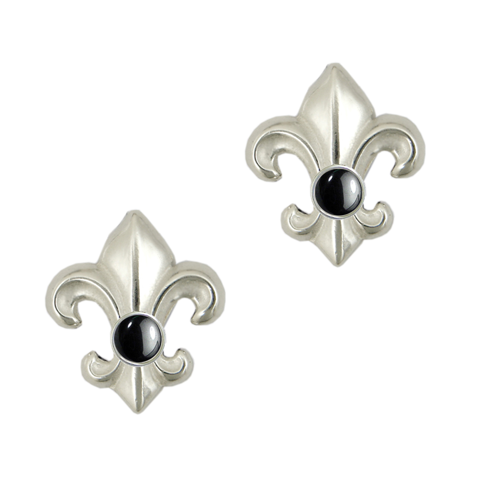 Sterling Silver And Hematite Fleur de Lis Post Stud Earrings